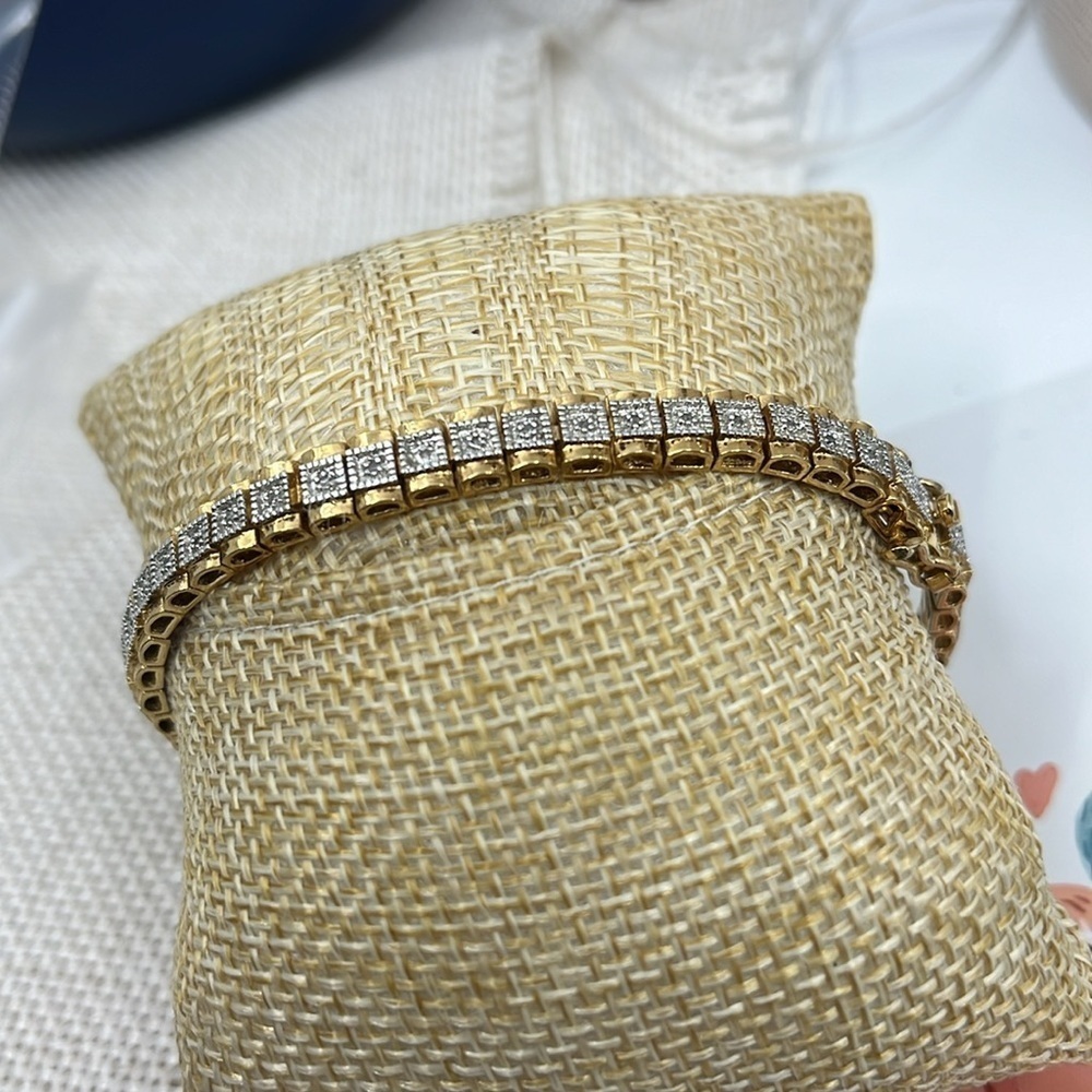 Authentic Sterling Silver Gold Etched Tennis Bracelet - 925 CISS - 8" - Picture 4 of 11